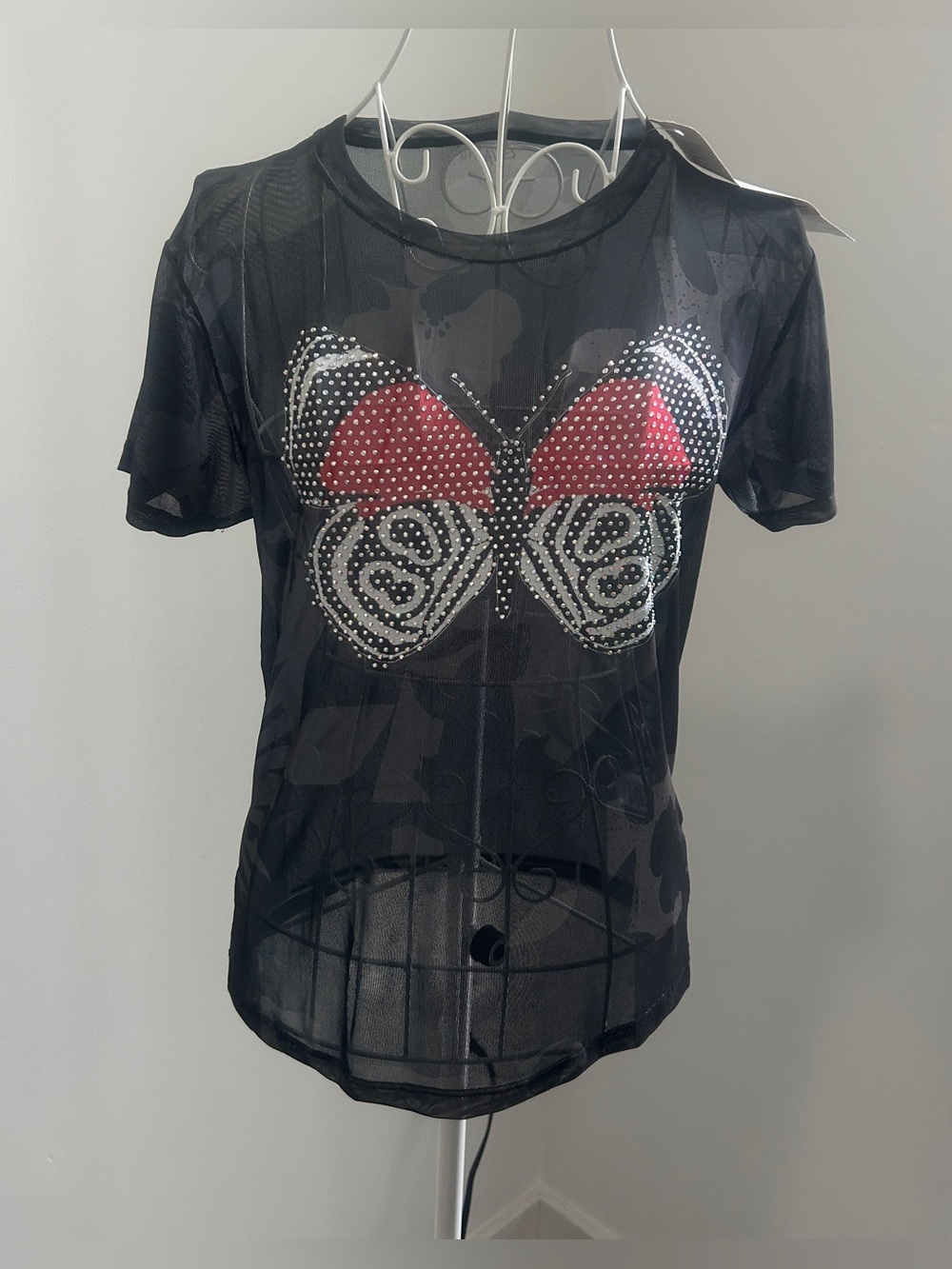 NWT Parque das Aves Sheer Mesh Butterfly Rhinestone Top Y2K S